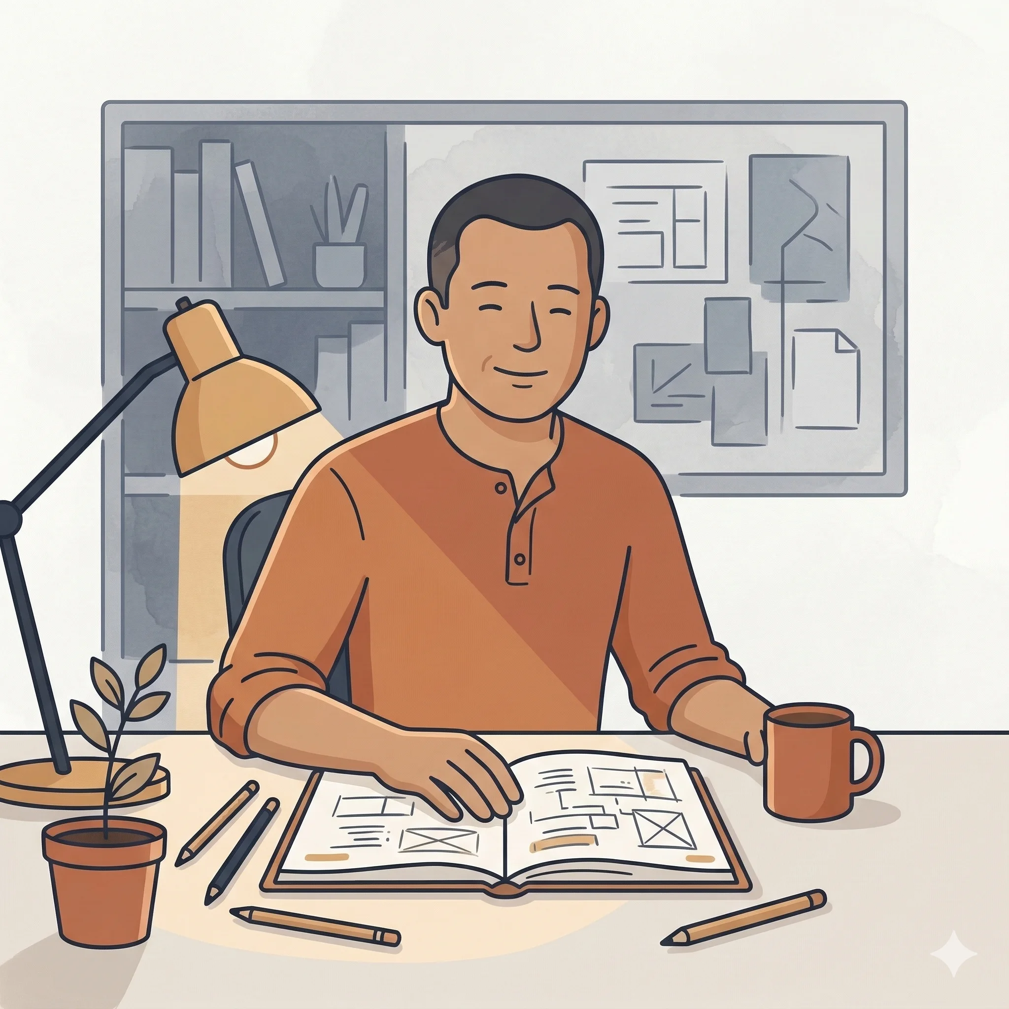 Illustration of an architect working at a desk with blueprints and coffee