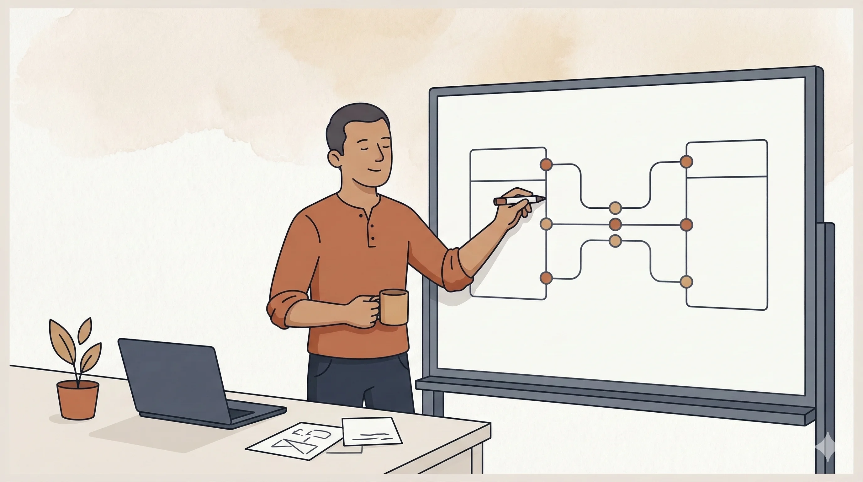 Illustration of an architect drawing a system integration diagram on a whiteboard